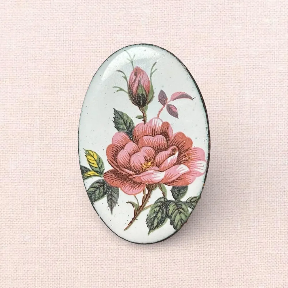Mid Century Enamel on Copper Rose Brooch 1950s Cottage Core Floral Oval Pin